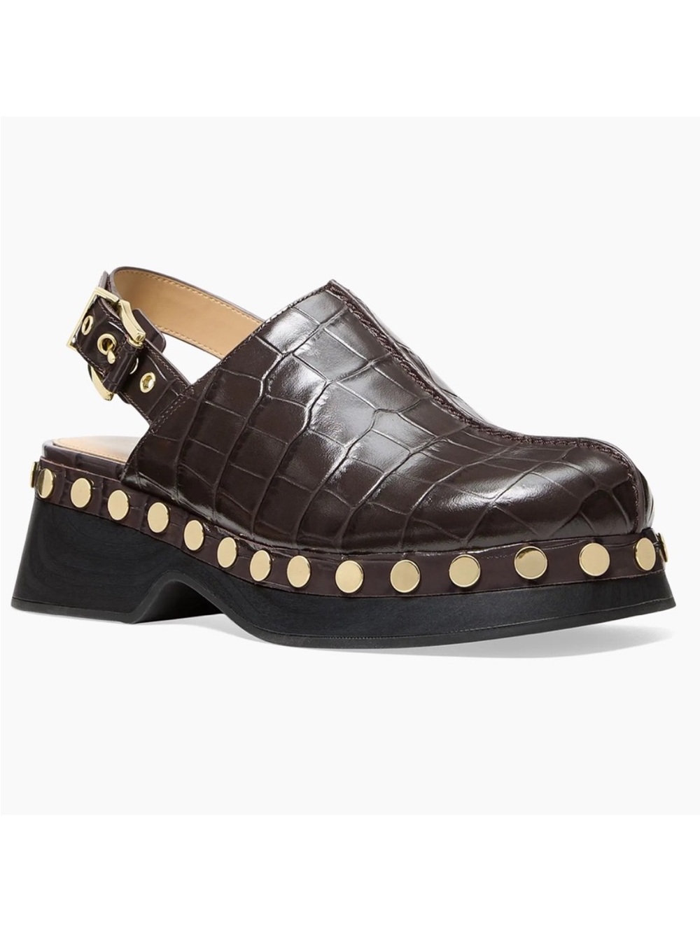 Michael Kors Esra Chocolate Leather Studded Croc Embossed Clogs Size 7.5 NEW